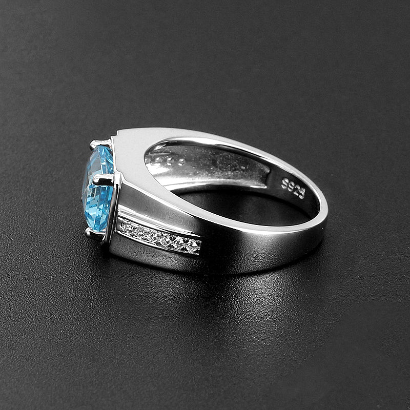 Silver Topaz Men's Ring Inlaid Zircons 2.5ct 7*9mm