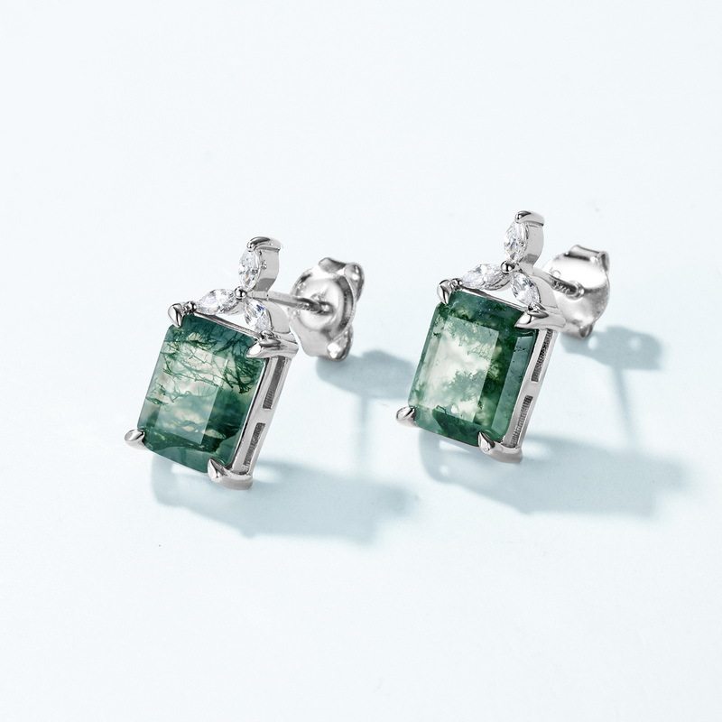 Geometric Square Moss Agate Earrings