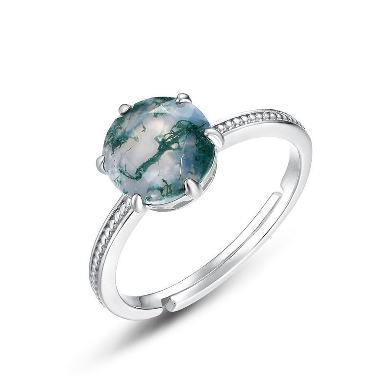 Moss Agate Six-Claw Setting Light Luxury Open Ring