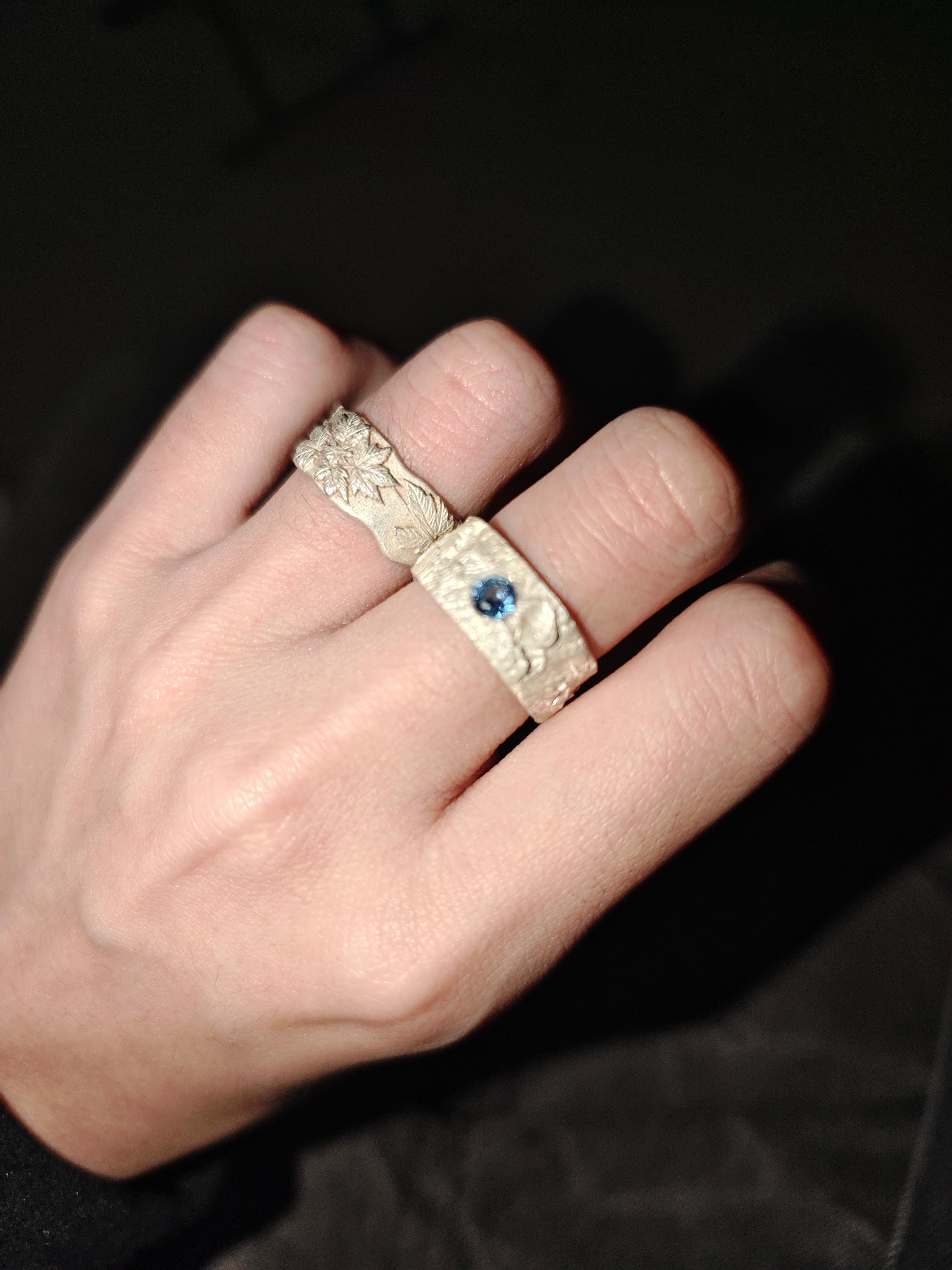 Customized Tin Foil Texture 925 Silver Couple Rings - 10th Anniversary Sapphire Inlay