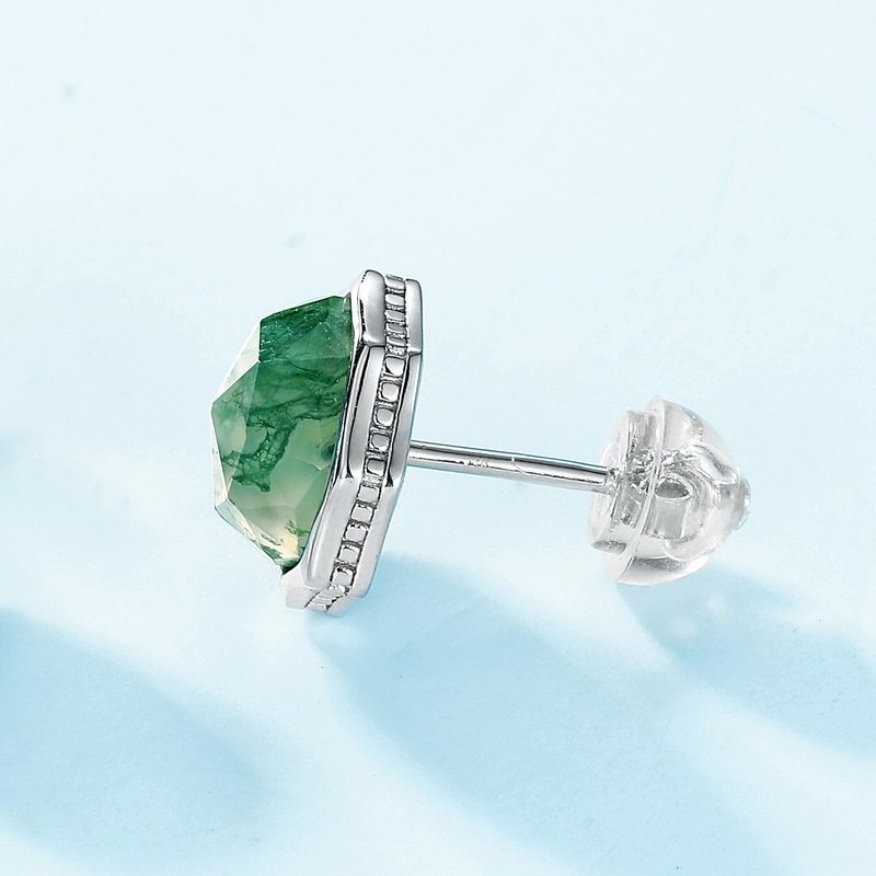 Unisex Octagonal Moss Agate Earrings