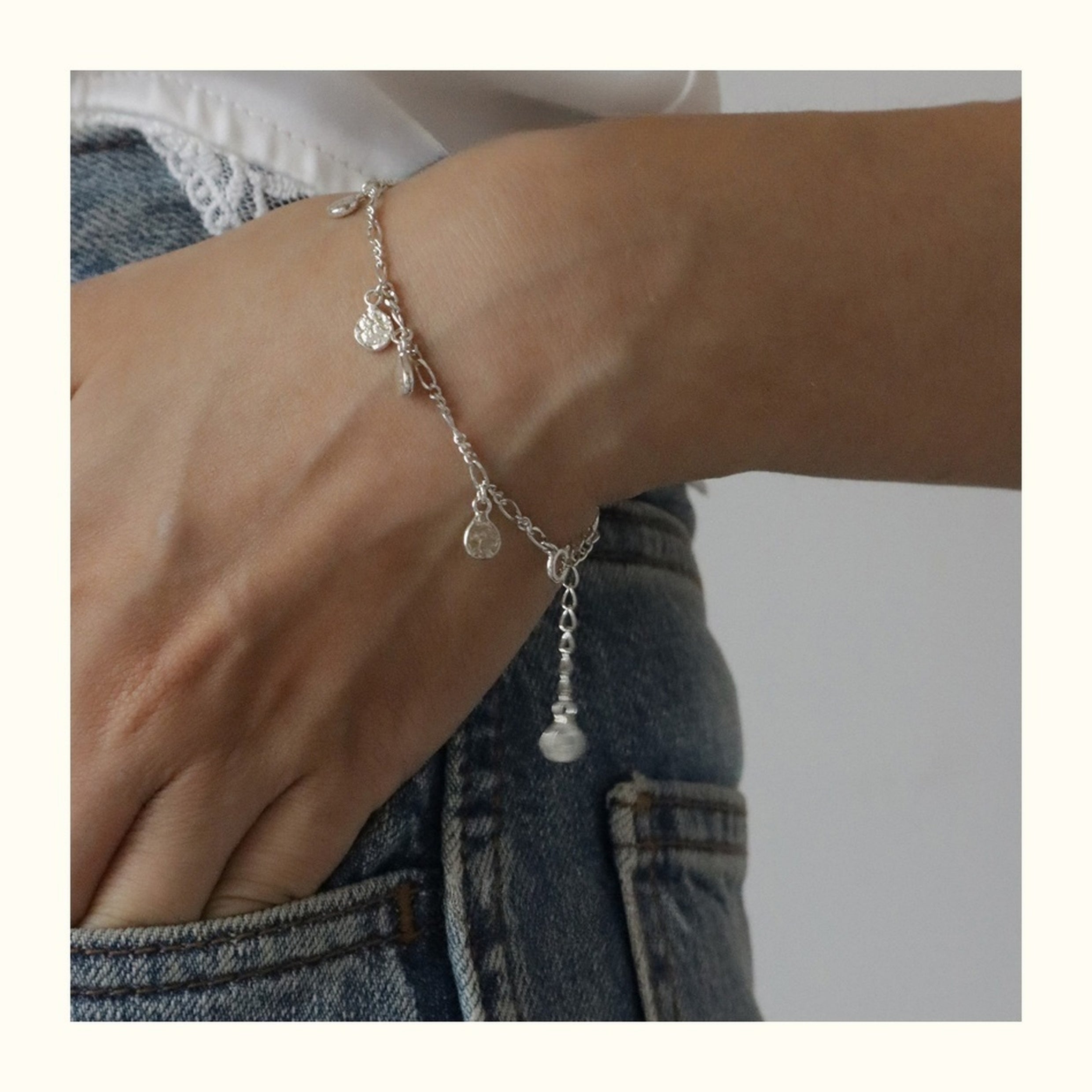 Customized Tin Foil Texture 925 Silver Water Drop Bracelet - 10th Anniversary Adjustable