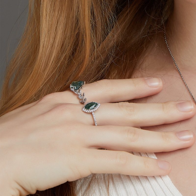 Olive Branch Geometric Moss Agate Index Finger Ring