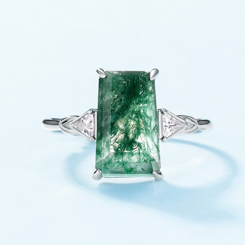 Moss Agate Rectangular Faceted Light Luxury Ring