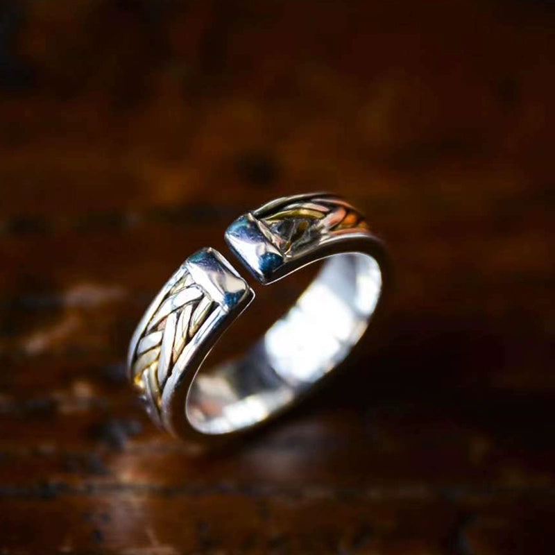 Customized Silver-Copper Woven Couple Rings - 7th Anniversary Linen Pattern Adjustable