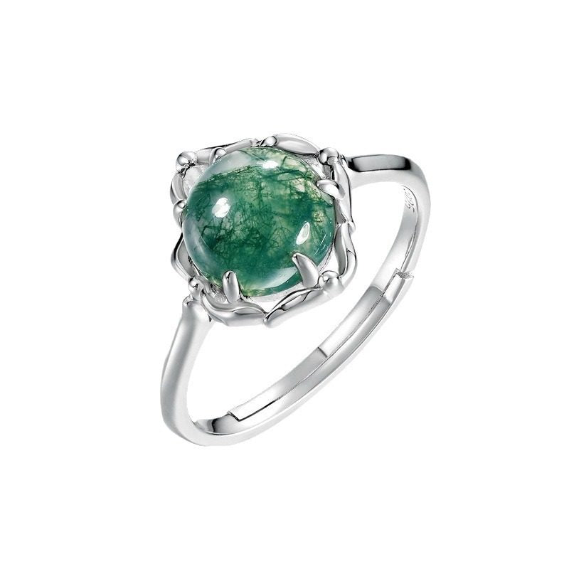 Charm Green Moss Agate Open Ring Unisex