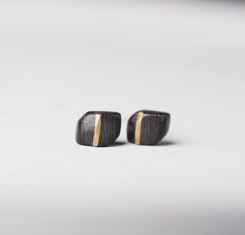 Handmade Ebony Wood & Brass Stud Earrings – 5th Wood Anniversary Gift, Minimalist Gender-Neutral Wooden Studs with 925 Silver Posts