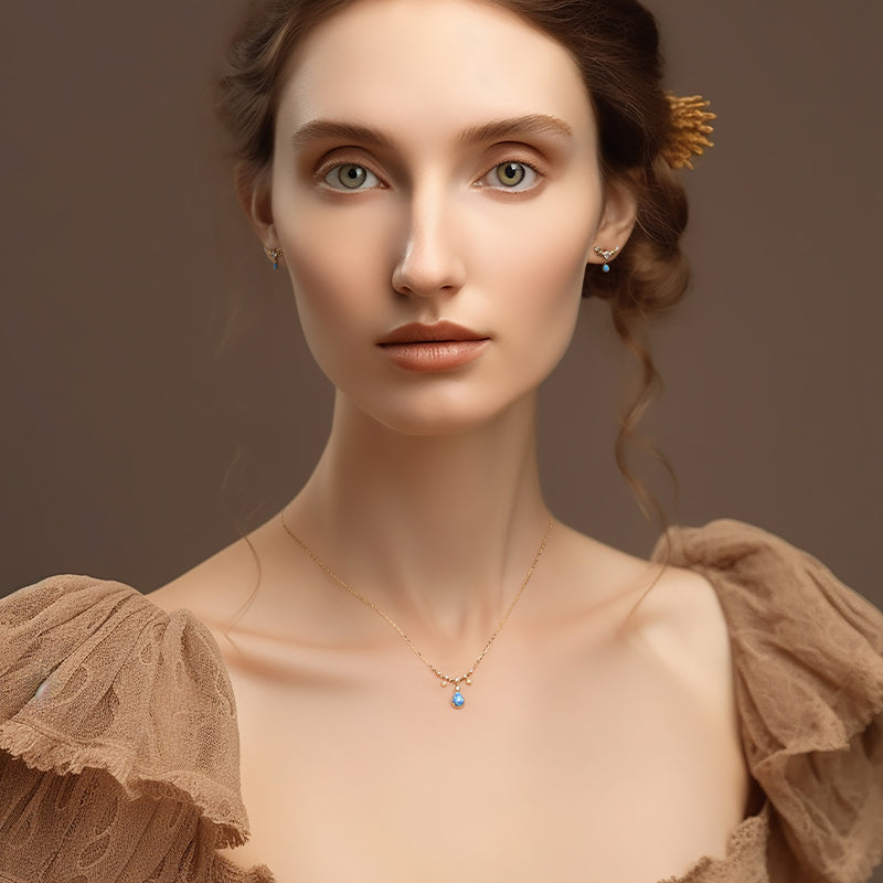 Blue Opal 14K Gold Water Drop Pendant Collarbone Necklace