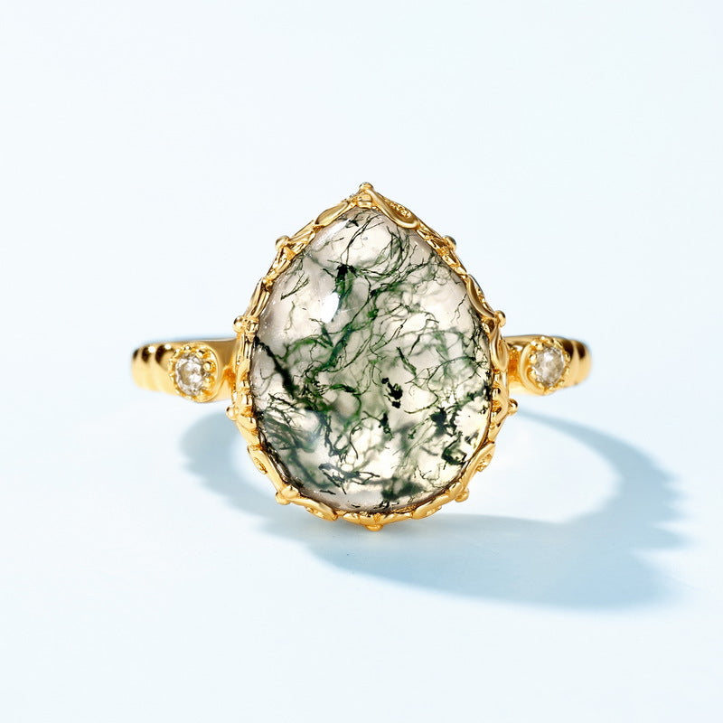 Teardrop Moss Agate Open Ring