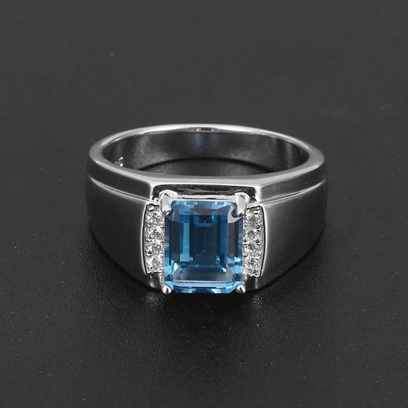 Silver Topaz Men's Ring Hollow Inlaid Zircons 4.3ct - OOAKB