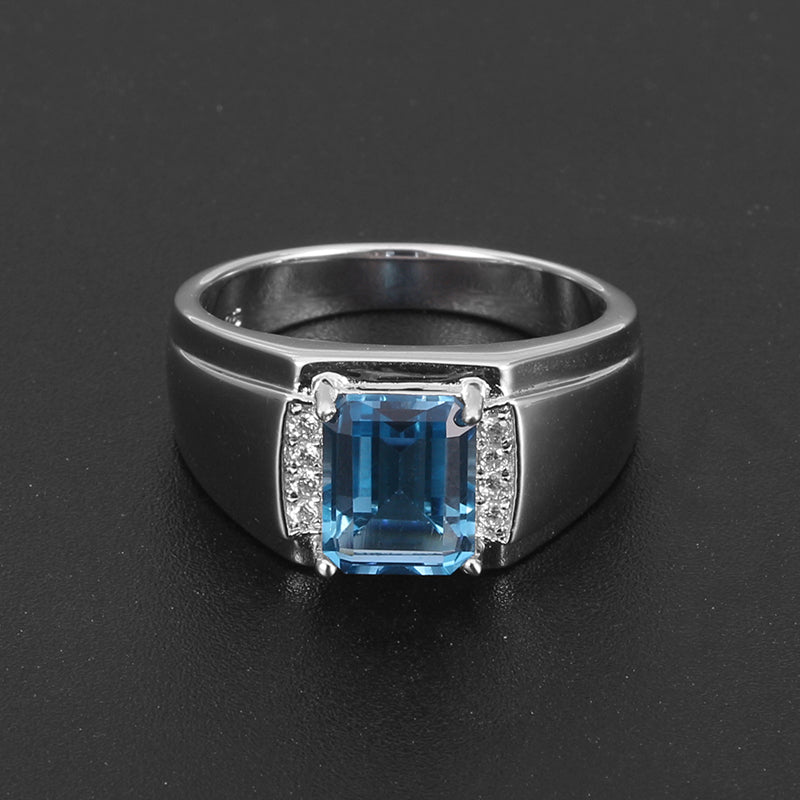 Silver Topaz Men's Ring Hollow Inlaid Zircons 4.3ct