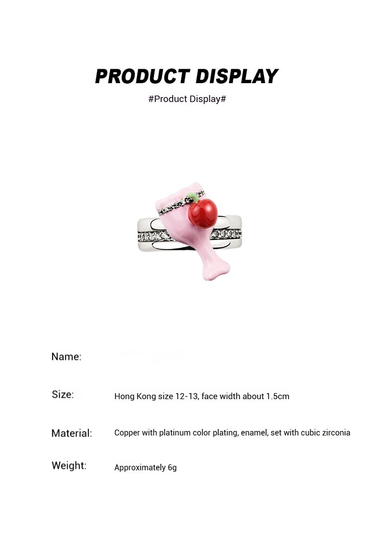 Customized Strawberry Milk Enamel 4th Fruit & Flower Wedding Ring - Cubic Zirconia