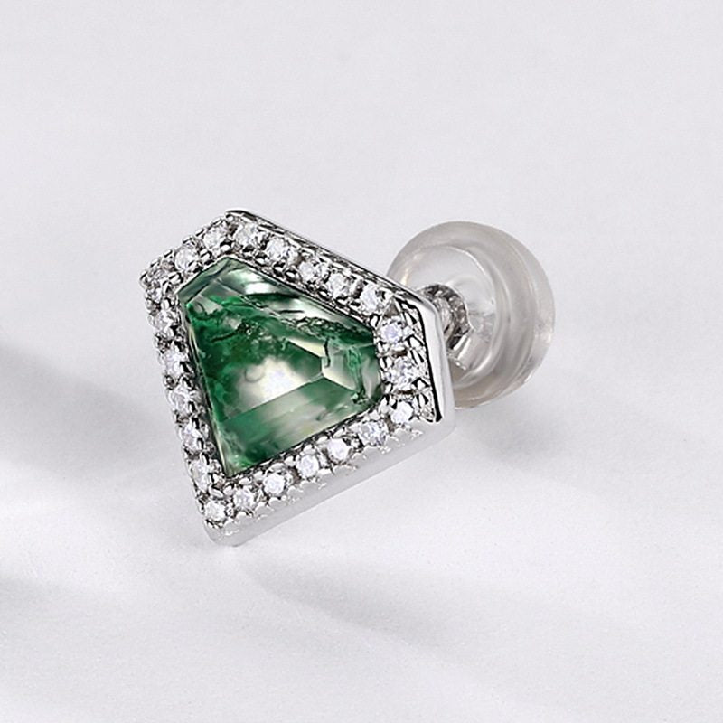 Diamond-shaped Inlaid Moss Agate Earrings