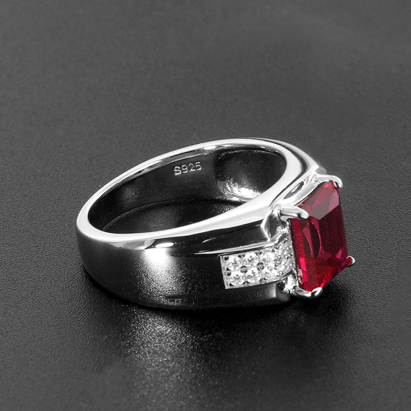 Silver Thick Plated White Gold Pigeon Blood Ruby Men's Ring