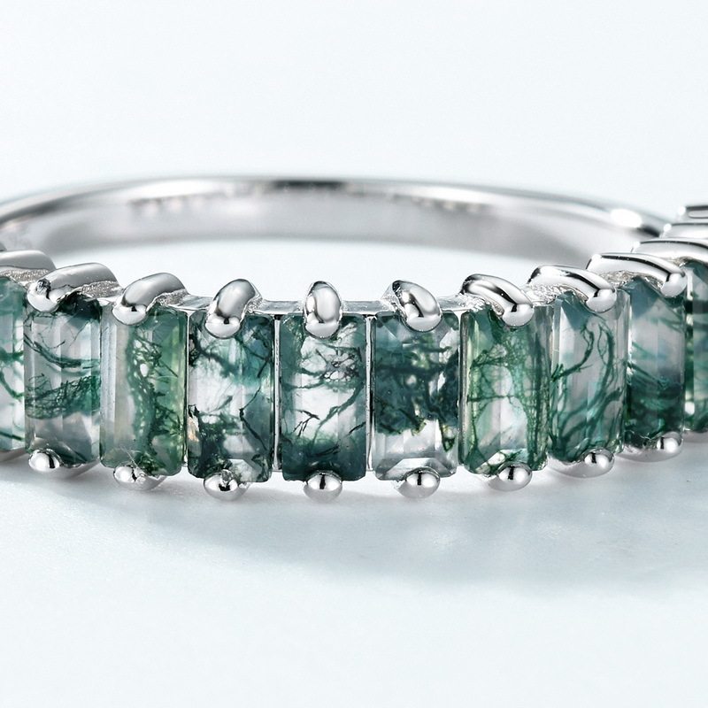 Single Row Trapezoid Square Moss Agate Index Finger Ring