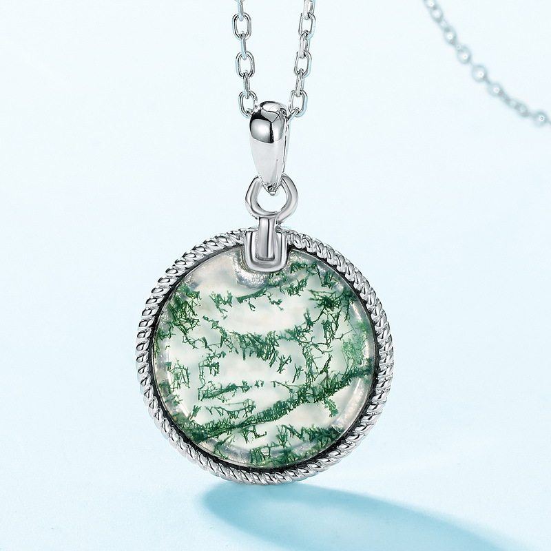 Minimalist and Elegant Round Disc Moss Agate Pendant