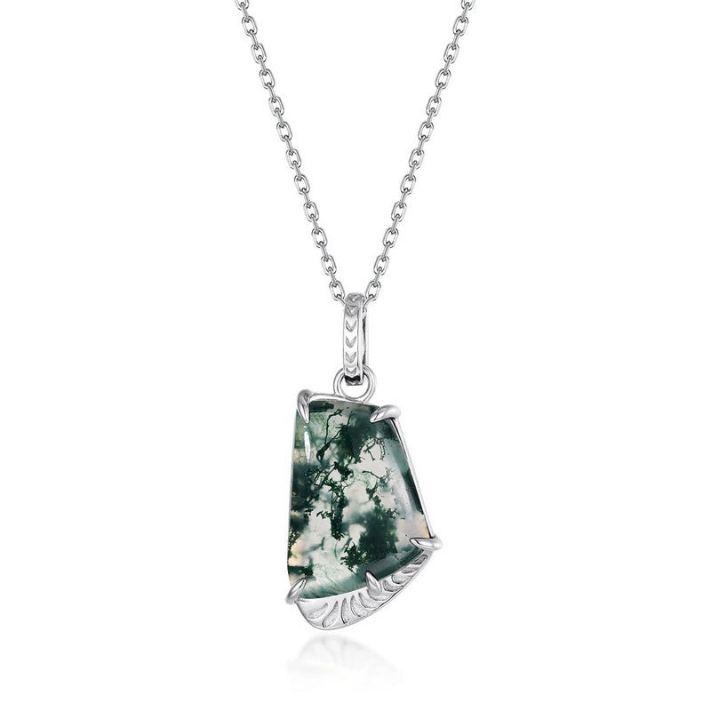 Geometric Four-Claw Moss Agate Pendant Necklace