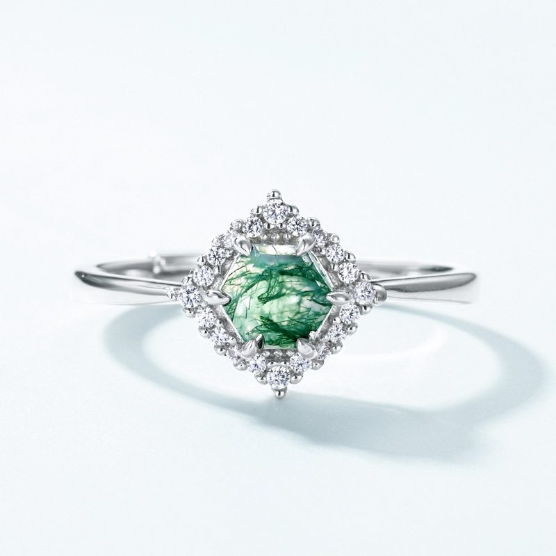 Geometric Moss Agate Open Ring Women's Style
