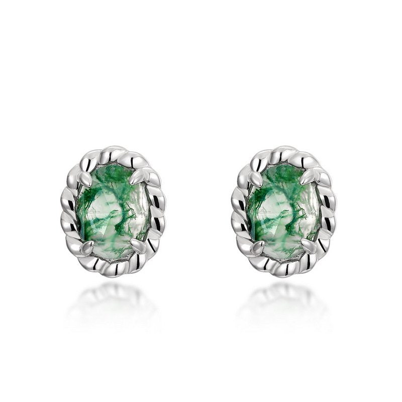 Moss Agate Oval Six-Claw Earrings