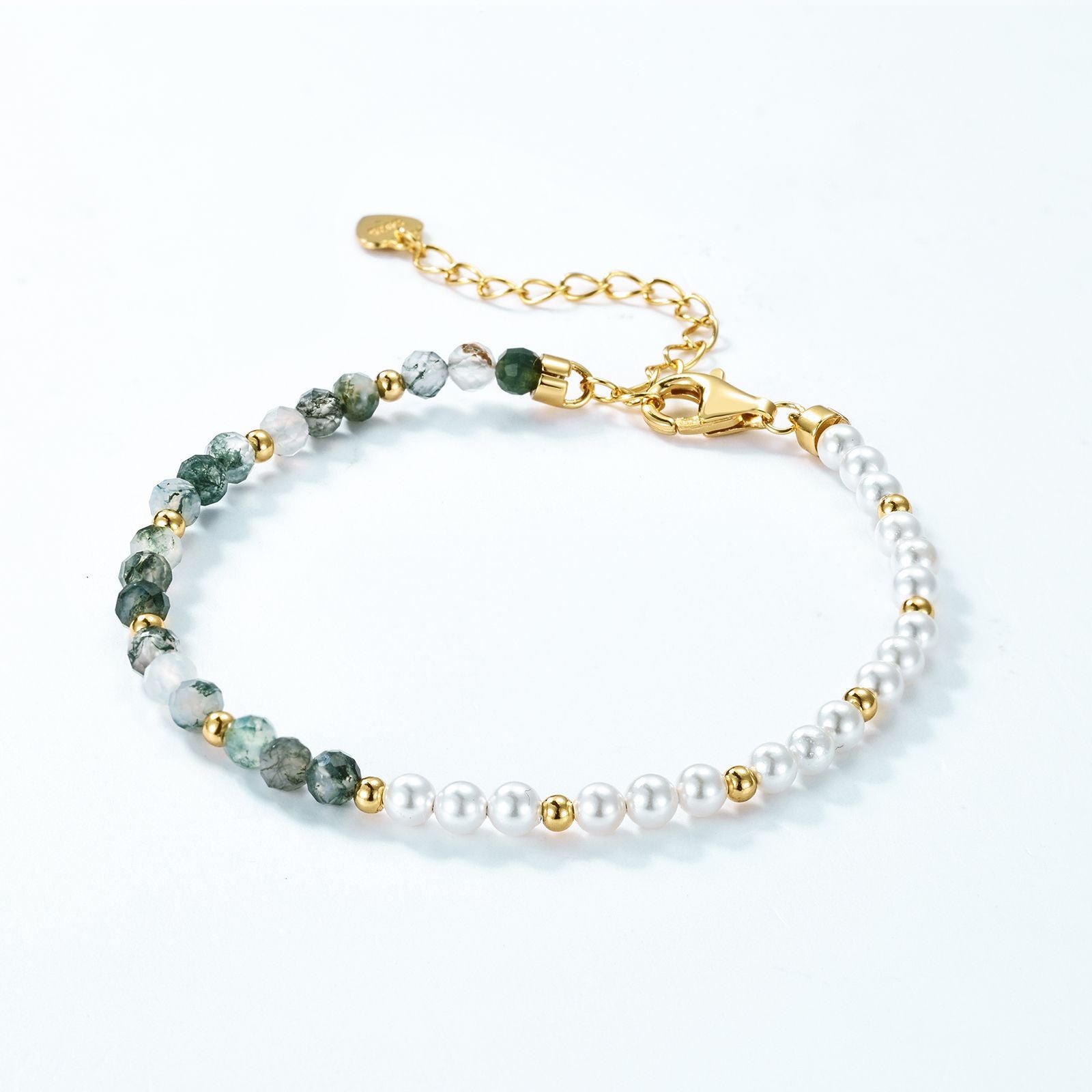 Moss Agate and Shell Pearl Bracelet