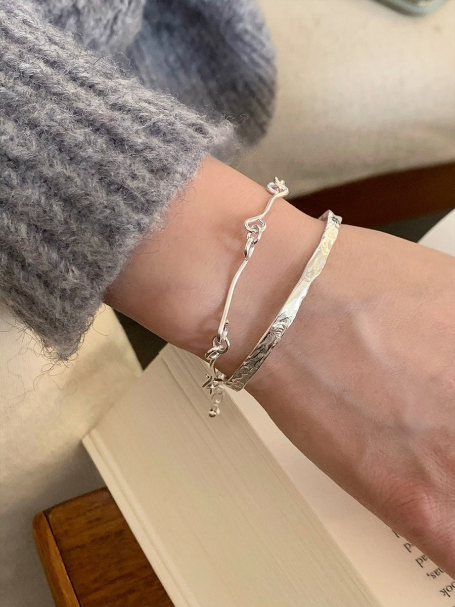 Customized Tin Foil Texture 925 Silver Bracelet Set - 10th Anniversary Adjustable Minimalist