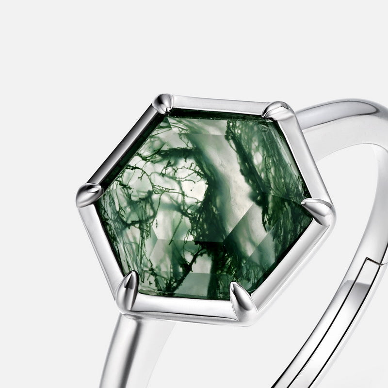 Hexagonal Geometric Moss Agate Open Ring