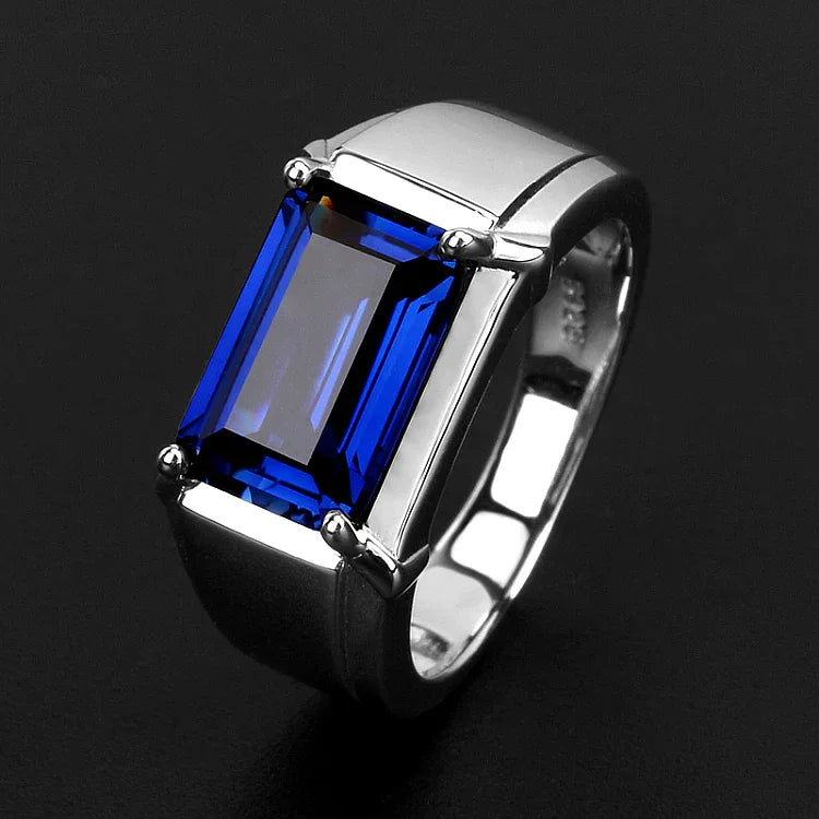S925 Sterling Silver Plated White Gold Sapphire Men's Ring - OOAKB