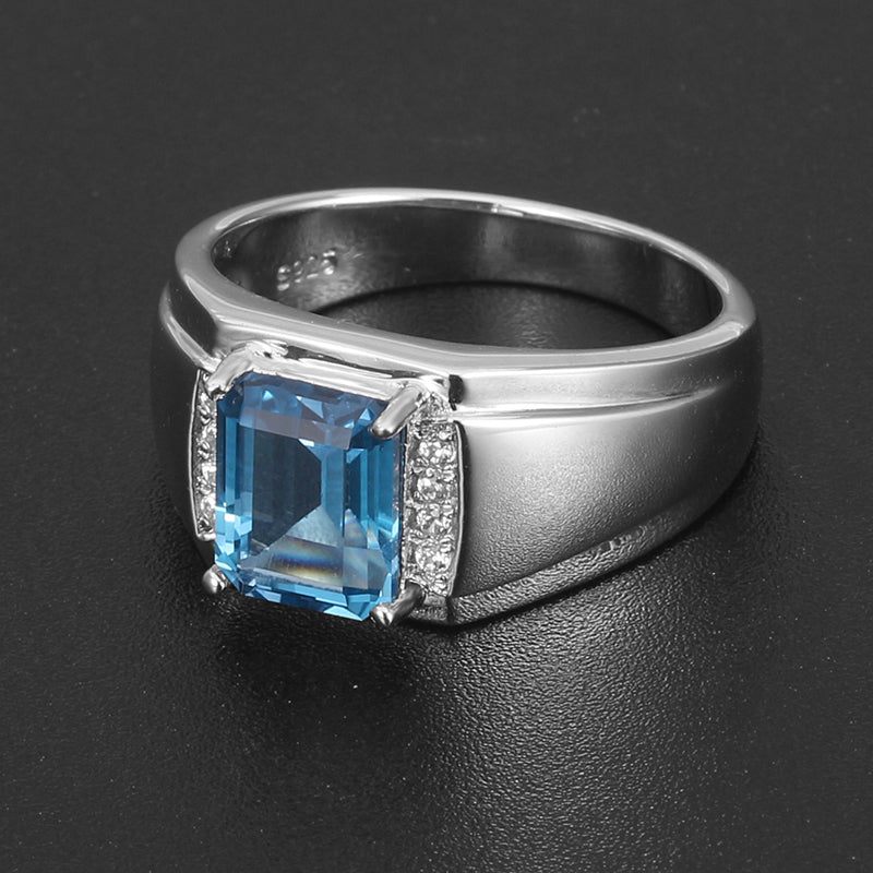 Silver Topaz Men's Ring Hollow Inlaid Zircons 4.3ct