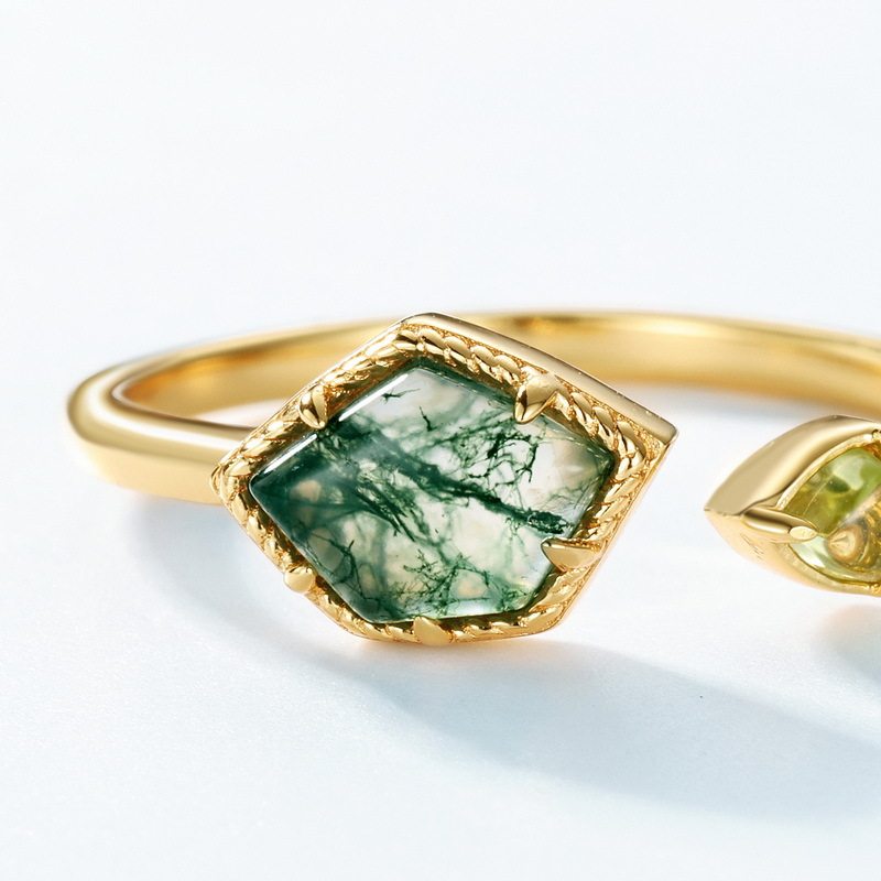 Moss Stone Rhombus Hand-Inlaid Ring