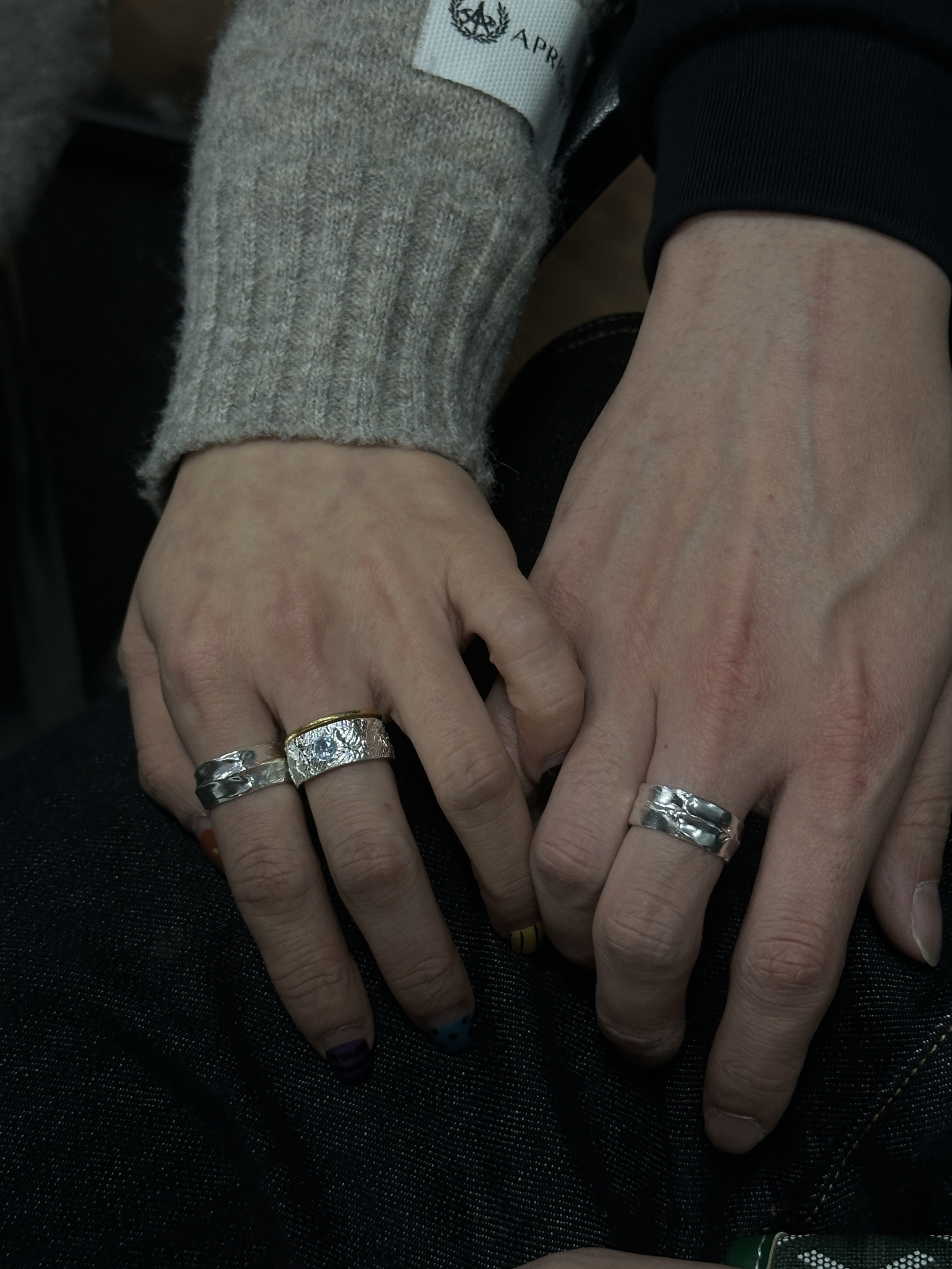 Customized Tin Foil Texture 925 Silver Couple Rings - 10th Anniversary Sapphire Inlay
