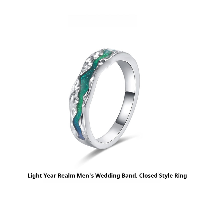 Customized Tin Foil Texture 925 Silver Couple Rings - 10th Anniversary Space Enamel