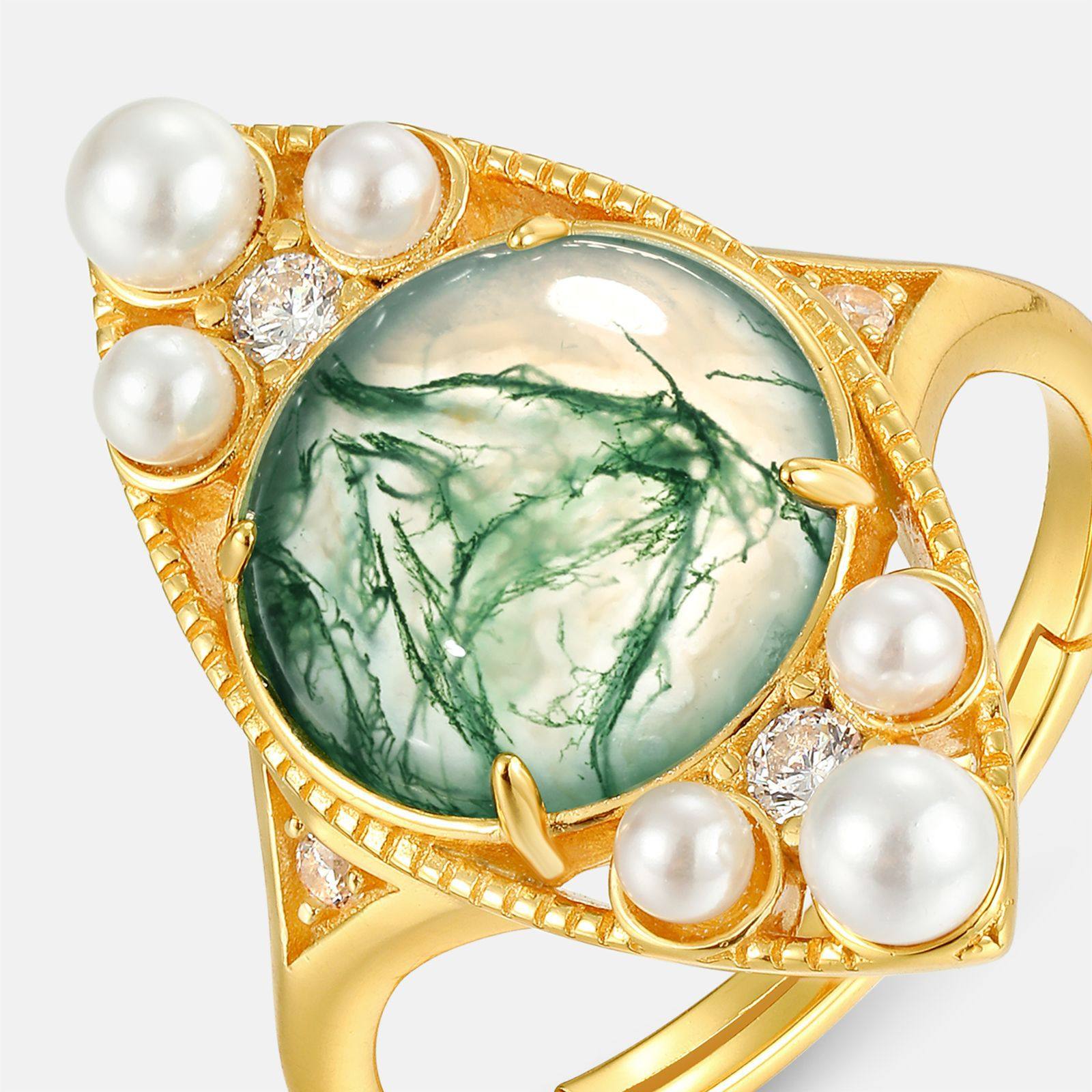 Pearl Trimmed Diamond Shape Moss Agate Open Ring