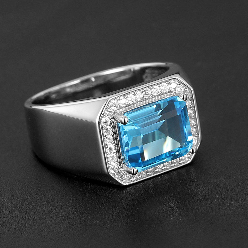 Silver Topaz Men's Ring Inlaid Zircons 5.5ct 9*11mm