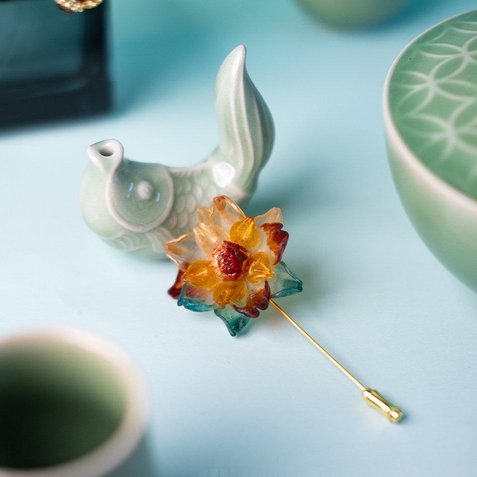 Handcrafted Leather Flower Brooch — Amber, Burgundy & Teal Petals | Wearable Floral Art | 3rd Leather Anniversary Gift for Her