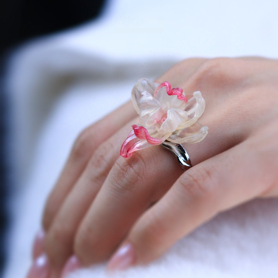 Handcrafted Leather Blossom Ring — Translucent Ivory Petals & Blush Pink Tips | Adjustable Band | 3rd Leather Anniversary Gift for Her