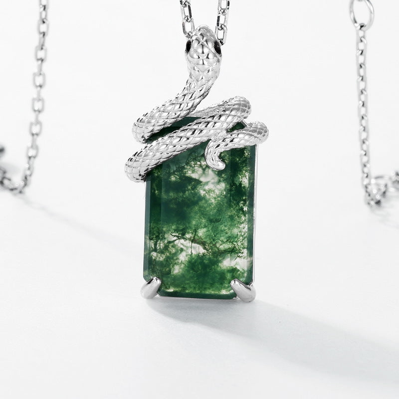 Snake Coiled Moss Agate Pendant Necklace