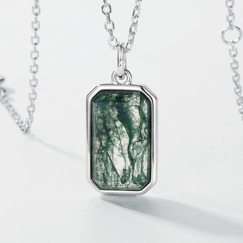 Women's Geometric Rectangular Moss Agate Pendant