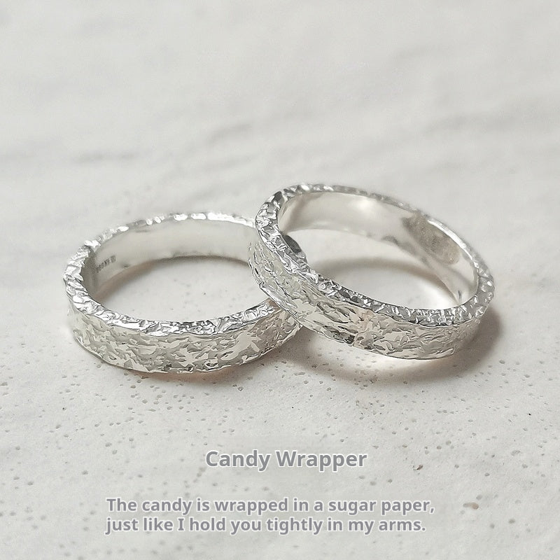 Customized Tin Foil Texture S999 Silver Couple Rings - 10th Anniversary Engraved