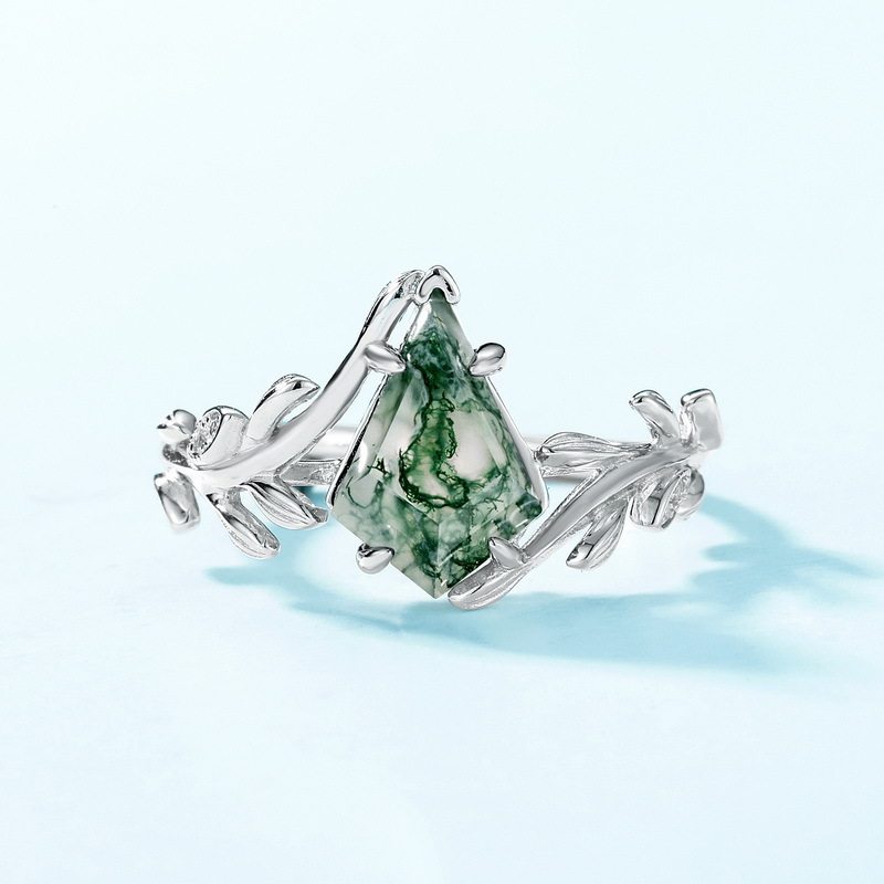 Olive Branch Geometric Moss Agate Index Finger Ring