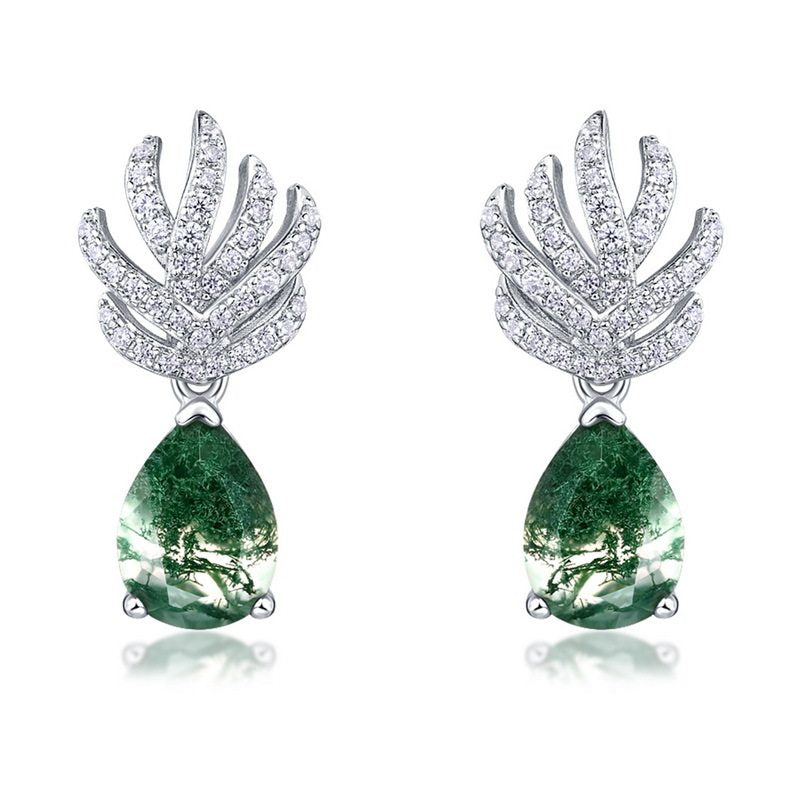 Elegant Teardrop Moss Agate Earrings