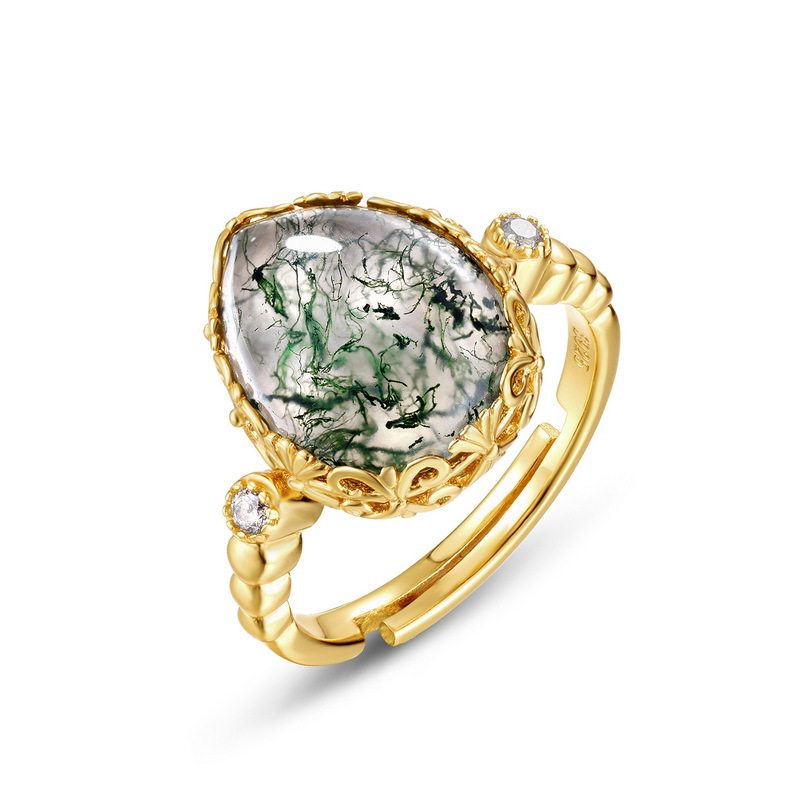 Teardrop Moss Agate Open Ring