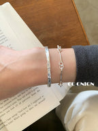 Customized Tin Foil Texture 925 Silver Bracelet Set - 10th Anniversary Adjustable Minimalist
