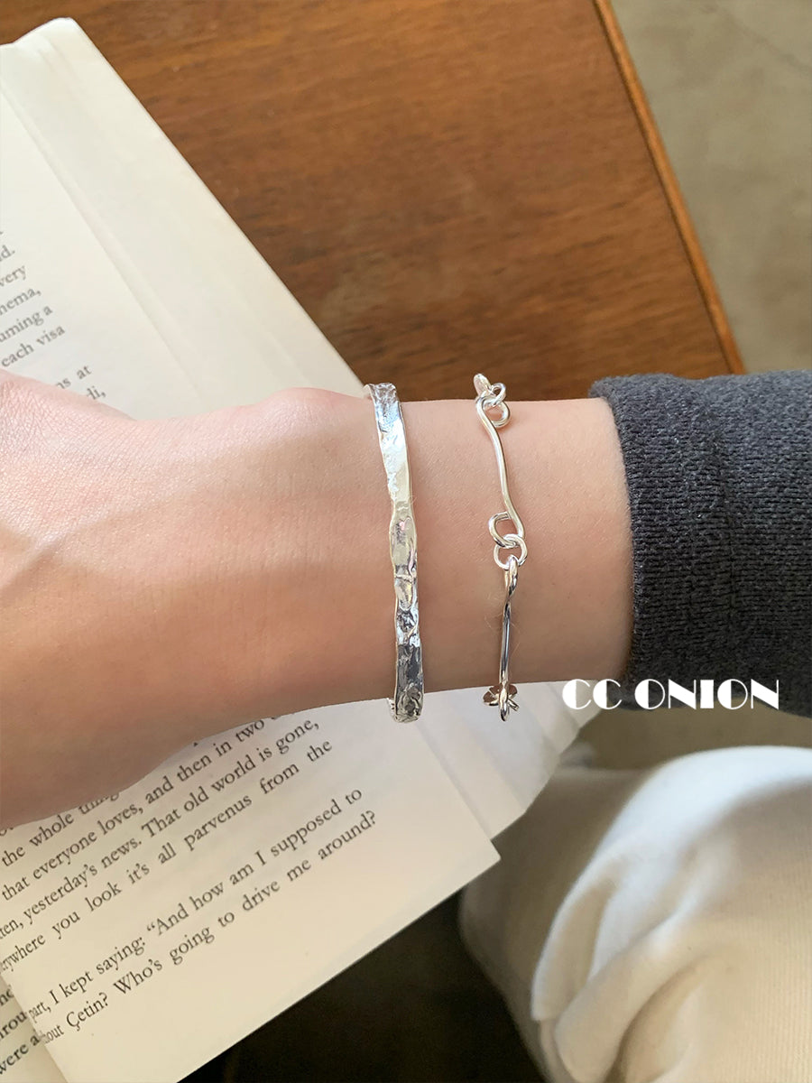 Customized Tin Foil Texture 925 Silver Bracelet Set - 10th Anniversary Adjustable Minimalist