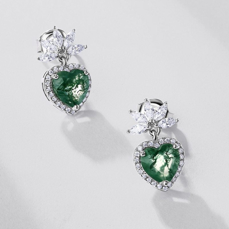 Romantic Heart Moss Agate Earrings Unisex