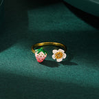 Customized Enamel Strawberry 4th Fruit & Flower Wedding Ring - Adjustable Open Design