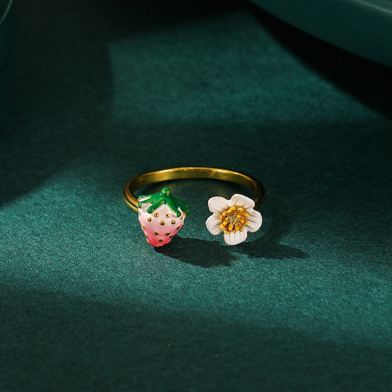 Customized Enamel Strawberry 4th Fruit & Flower Wedding Ring - Adjustable Open Design