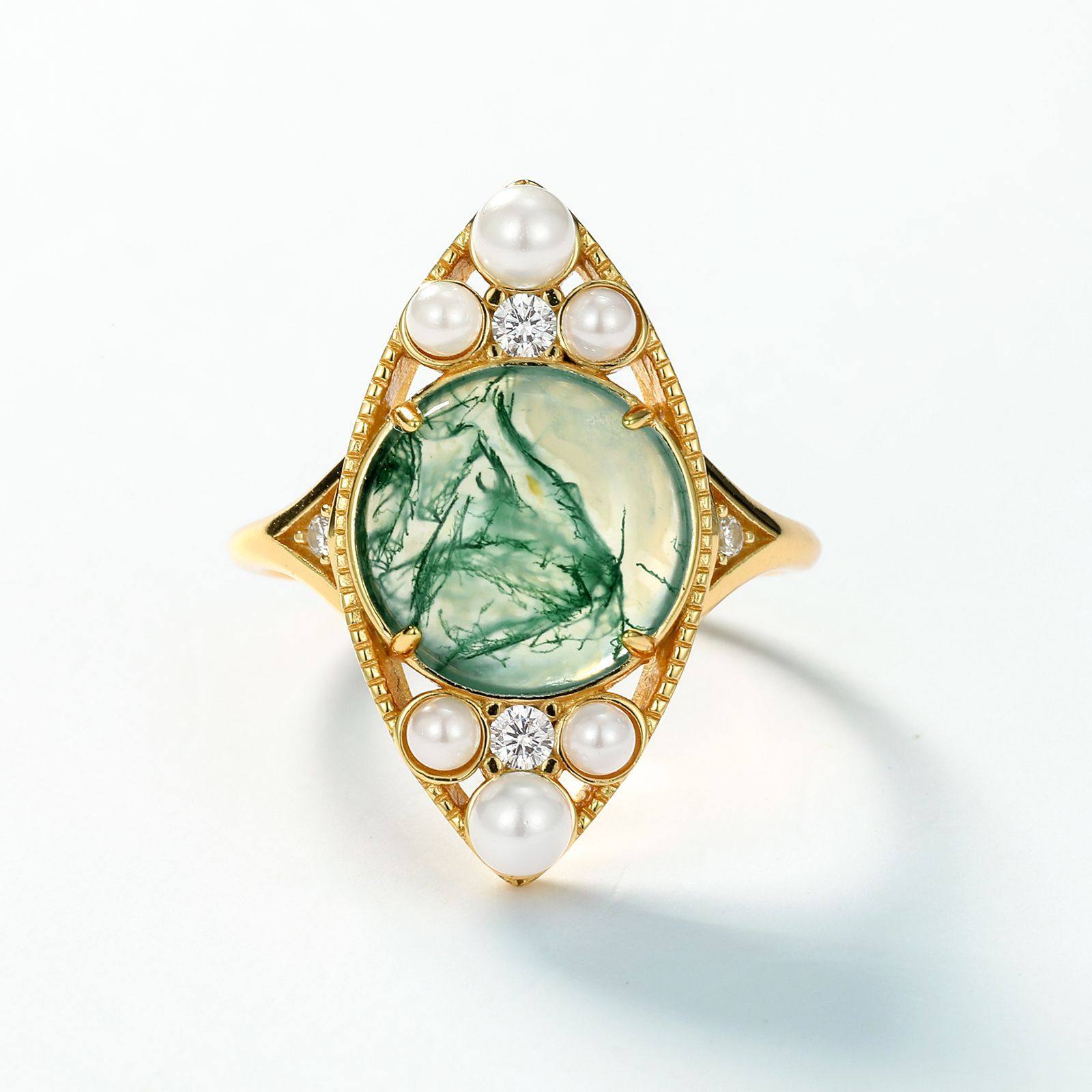 Pearl Trimmed Diamond Shape Moss Agate Open Ring