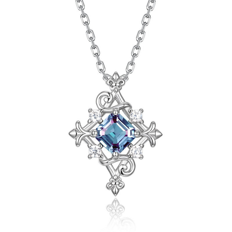 Silver Alexandrite Retro Pattern Pendant Necklace