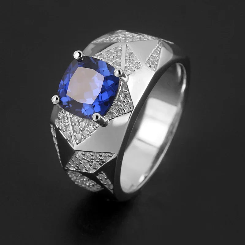 Silver Thick Plated White Gold Sapphire Men's Ring 2.8ct - OOAKB