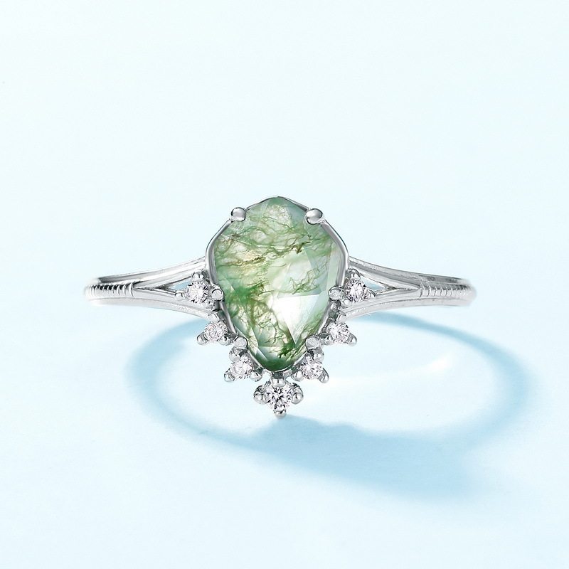 Moss Agate Long Shape Light Luxury Open Ring